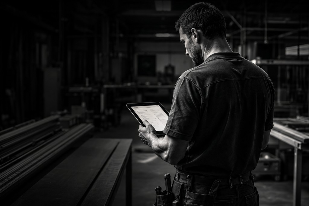 Tradesperson in a workshop, tool belt on, focused on a handheld screen in black and white